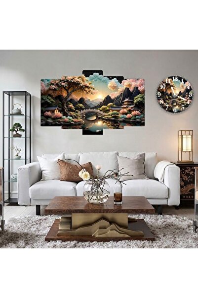 BellaaaModa Çiçek temalı Dekoratif Desenli Mdf Tablo 5 Parça Set ve Saatli Ta...