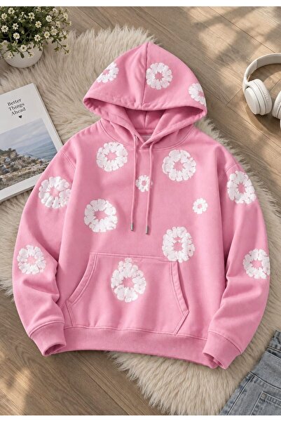 Ryam Mooda Unisex Oversize 3D Puff Fluffy Floral Φούτερ με στάμπα και κουκούλ...
