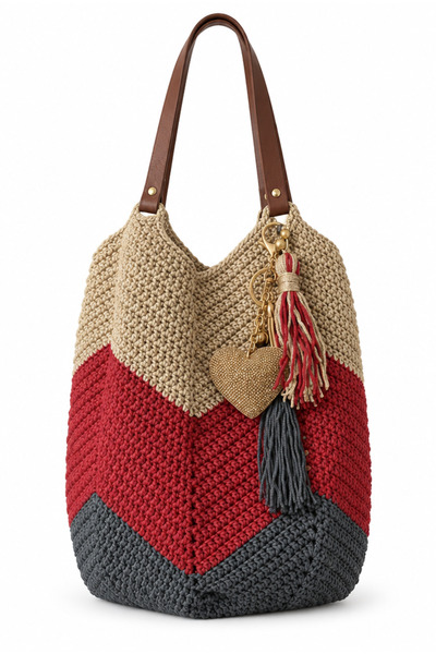 Elephant Handmade Crochet Bag in Rose Beige, Red, and Dark Gray with Leather ...