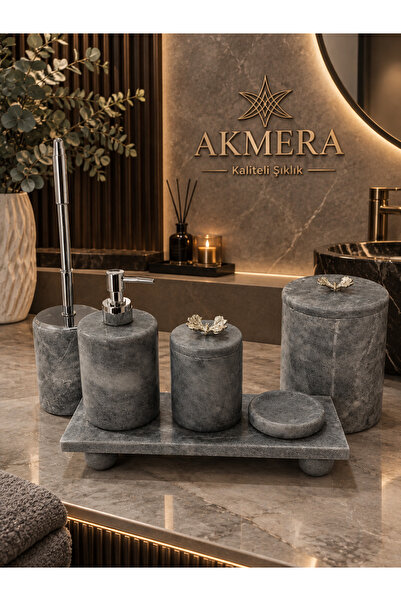 AKMERA Lüks Gri Gerçek Mermer Dikdörtgen Tepsi Banyo Seti
