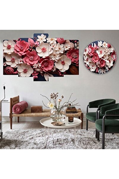 BellaaaModa Çiçek temalı Dekoratif Desenli Mdf Tablo 5 Parça Set ve Saatli Ta...