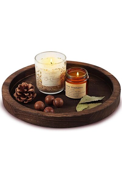 Yelajoy Wooden Decorative Tray Candle Holder Round Wood Tray Home Decor,Cente...