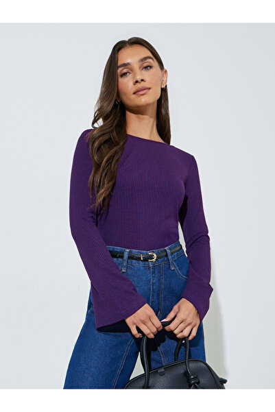 Styli Purple Long Flared Sleeves Wide Neck Knit Top