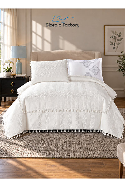 Sleep x Factory 4 Pcs Bedspread Set for 140x200 cm Bed, Quilted Tassel Bedspr...