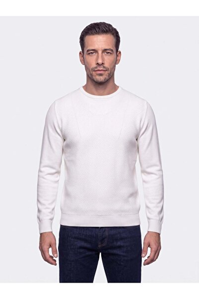 White Stone Ecru Crew Neck Micro Patterned Men's Knitwear Sweater