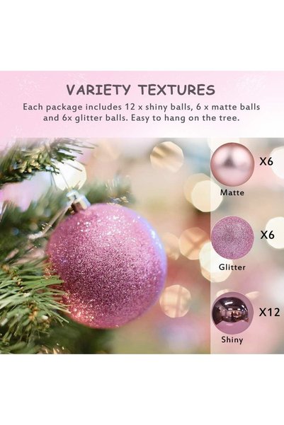 Generic Pink Christmas Tree Ornaments, 24-Pack Shatterproof Balls, 6cm Multi-Texture Decorations with Matte, Glitter, Shiny Finish, Holiday Party Wedding Hanging Baubles with Cords