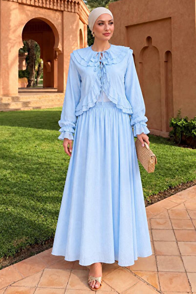 Neva Style Ruffled Baby Blue Hijab Shirt Skirt Set 1397Bm