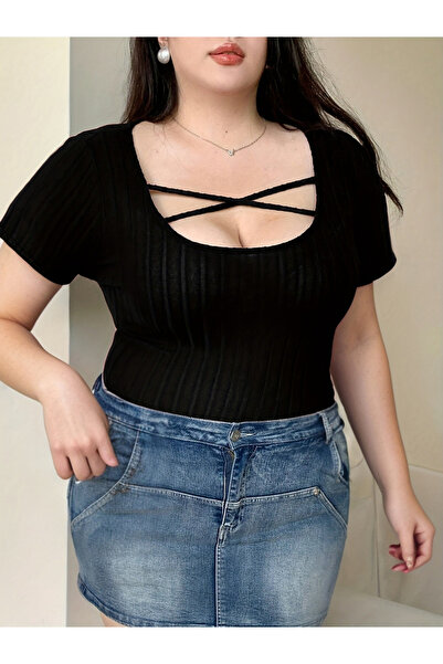 Take Two By Styli Black Plus Size Ribbed Short Sleeve Crisscross Neck Top