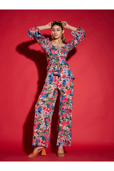 Sassafras By Styli Multi Floral Print Peplum Top and Trousers Co-ord Set