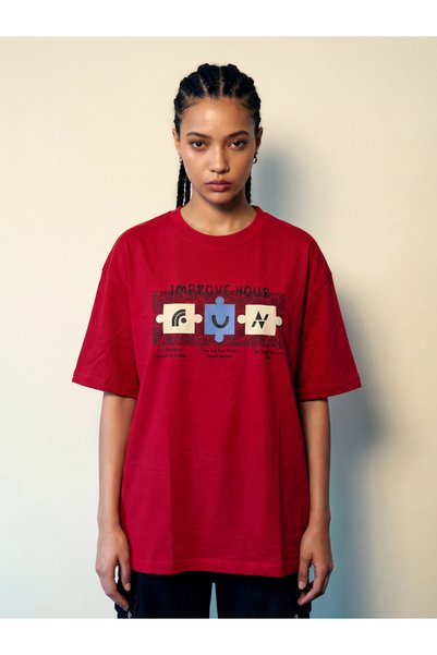 REPRISE By Styli Red Graphic Print Round Neck Oversized T-Shirt