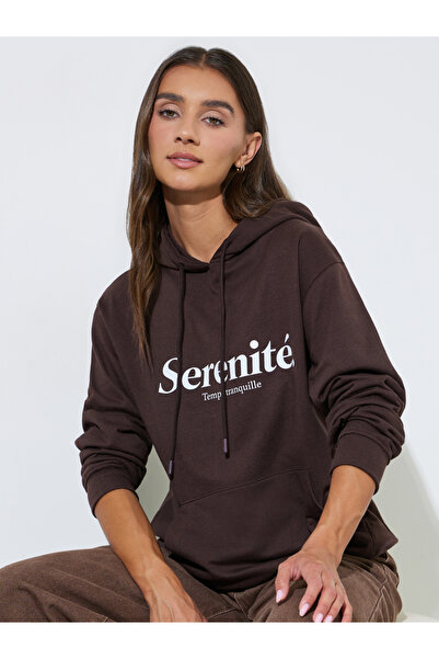 Styli Coffee Brown Slogan Print Regular Fit Hoodie