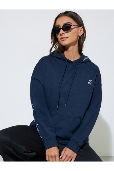 Styli Navy Blue Slogan Embroidered Oversized Hoodie