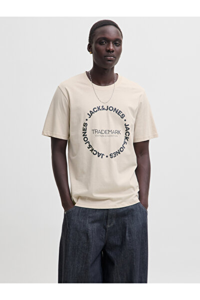 Jack & Jones Beige Jjbenson Slogan Print Crew Neck T-Shirt