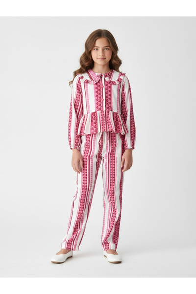 Bella Moda By Styli Girls Pink Stiped Ruffle Detail Shirt And Trousers Set