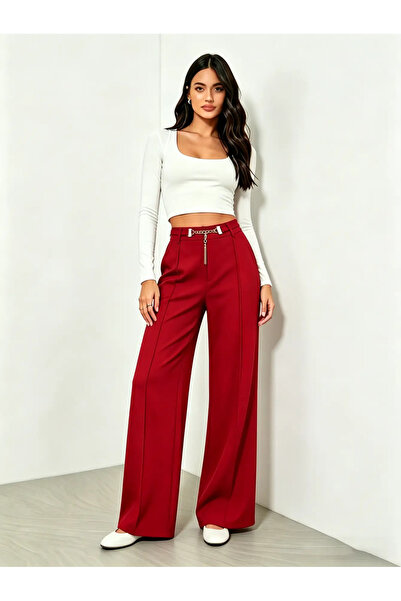 Take Two By Styli Red High Rise Wide Leg Pants With Chain Detail