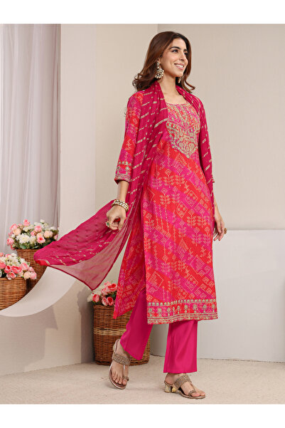 Libas By Styli Pink Embroidered, Printed Silk Blend Straight Kurta, Pants And...