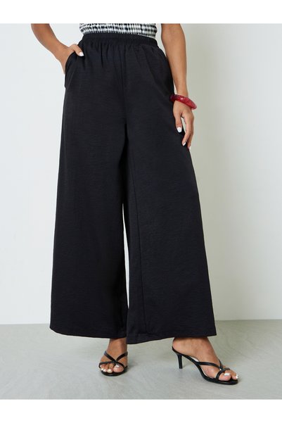 Take Two By Styli Black Wide-Leg Palazzo Pants With Pockets