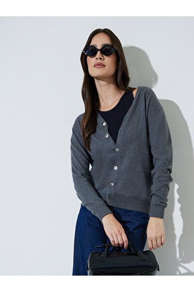 Styli Charcoal Solid Button Down Regular Fit Cardigan