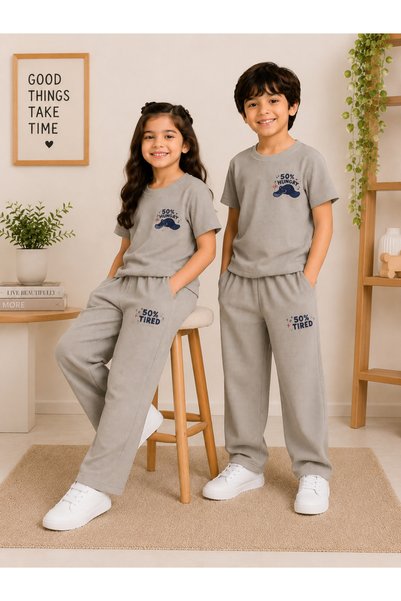 Gravt By Styli Unisex Grey Graphic Print Waffle T-Shirt And Joggers Set