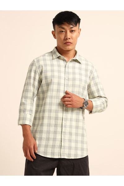 Bushirt By Styli قميص كاجوال بأكمام طويلة ونقشة مربعات بلون كريمي