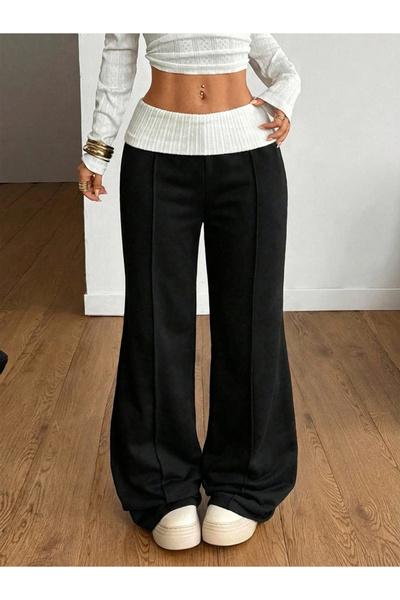 Take Two By Styli Womens Black Wide-Leg Trousers With Contrast Waistband
