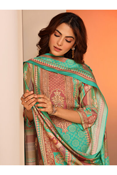 Libas By Styli Multi Printed Silk Blend Straight Kurta, Trousers And Dupatta Set