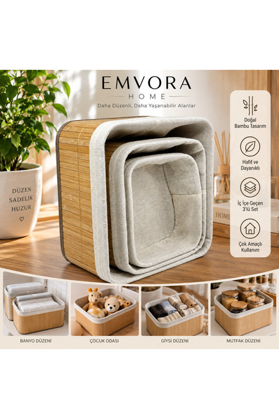 EMVORA HOME 3’lü Bambu Düzenleyici Sepet Seti – İç İçe Geçebilen Çok Amaçlı S...