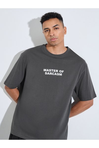 Styli Grey Slogan Print Short Sleeves Overesized T-Shirt