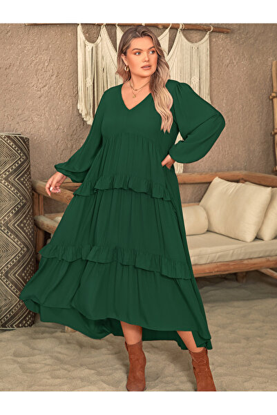 Take Two By Styli Olive Green Plus Size Tiered Maxi Dress