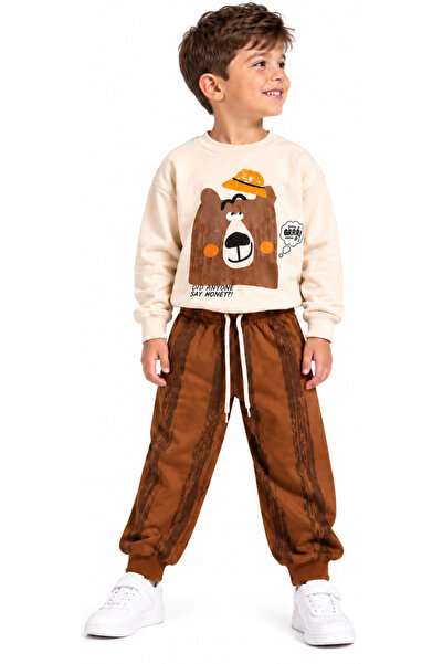 İrem Çocuk Giyim Boy's Beige Color Tracksuit Set with Teddy Bear Pattern on t...