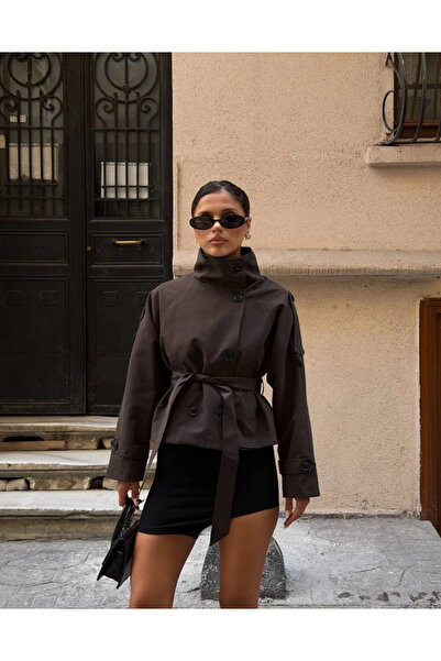 Ekim Store Acı Kahve Double-Breasted High Collar Belted Cape Trench Jacket