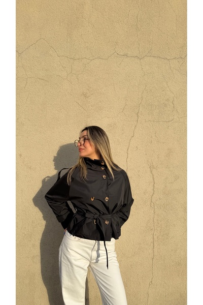 BELİS WEAR Women's Stand Collar Back Windbreaker Detailed Belted Short Trench Coat Jacket Trench