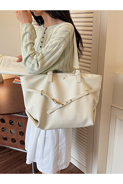 Take Two By Styli Off White Plain Tote Bag With Zip Closure