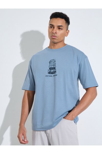 Styli Blue Graphic Print Crew Neck Oversized T-Shirt