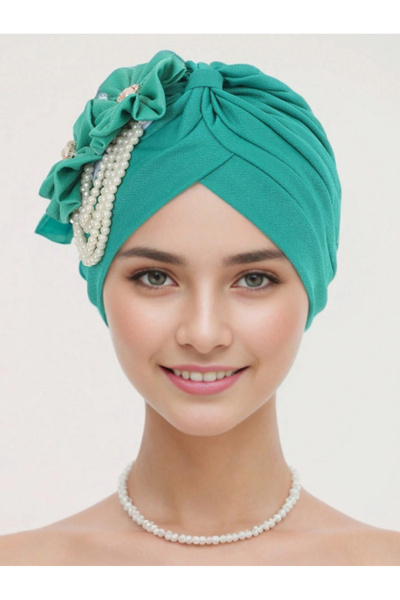 Take Two By Styli Green Plain Turban Hijab with Pearl Embellishment