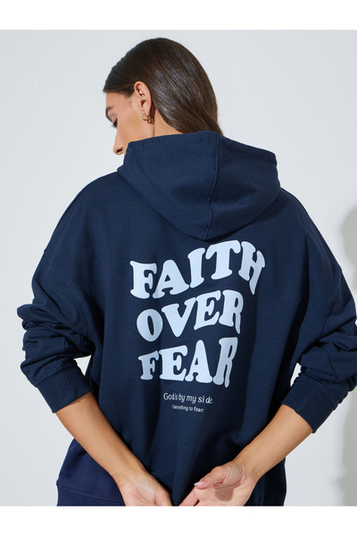 Styli Dark Blue Slogan Print Oversized Hoodie