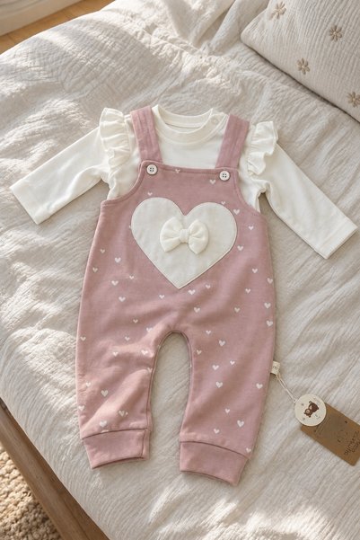 METEOR BABY Kız Bebek Salopet Takımı - Kalp ve Fiyonk Detaylı Fırfırlı Uzun K...