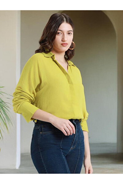 Dennis Lingo By Styli Lime Green Viscose Crepe Solid Relaxed Shirt