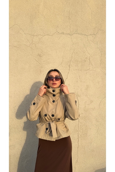 BELİS WEAR Women's Stand Collar Back Windbreaker Detailed Belted Short Trench Coat Jacket Trench