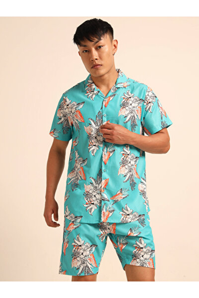 Bushirt By Styli طقم شورت رجالي بطبعة زهور فيروزية