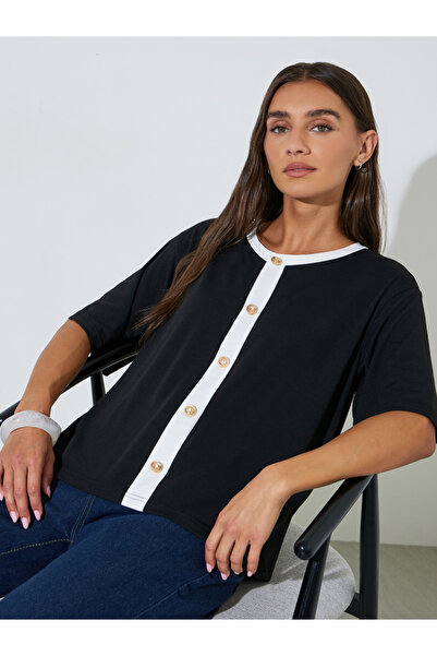 Styli Black Contrast Trims Button Details Boxy Fit T-Shirt