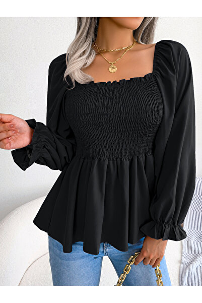 Take Two By Styli Black Long Sleeve Shirred Peplum Blouse