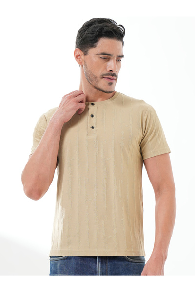 REPRISE By Styli Beige Textured Henley Neck Short Sleeves T-Shirt