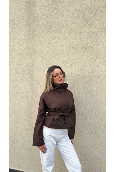 BELİS WEAR Women's Stand Collar Back Windbreaker Detailed Belted Short Trench Coat Jacket Trench