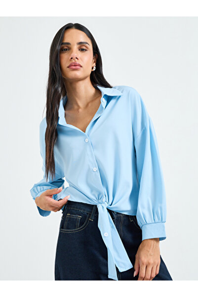 Take Two By Styli Sky Blue Tie-Front Long Sleeve Shirt
