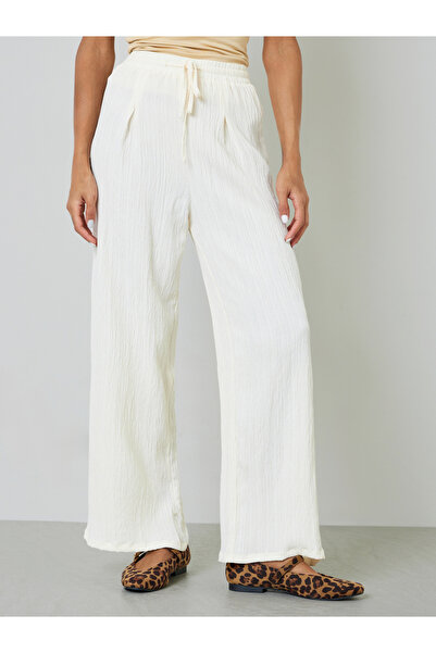 Take Two By Styli Cream Wide-Leg Crinkle Trousers