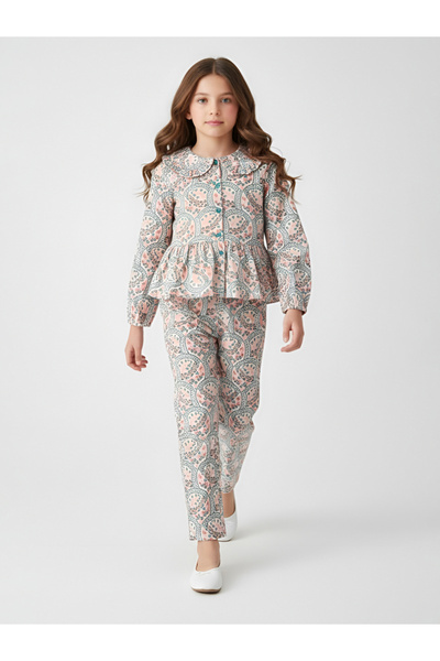 Bella Moda By Styli Girls Multi-Color Paisley Print Ruffle Detail Shirt And T...
