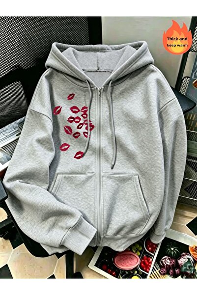 Toum Kiss Design Oversize Zippered Unisex Hooded Cardigan