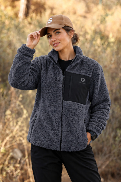 TKT Women's Oversize Zippered 3-Pocket Welsoft Plush Fleece Smoked Jacket
