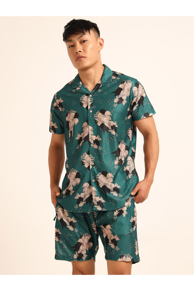 Bushirt By Styli Men Green Floral Print Shorts Co-Ord Set